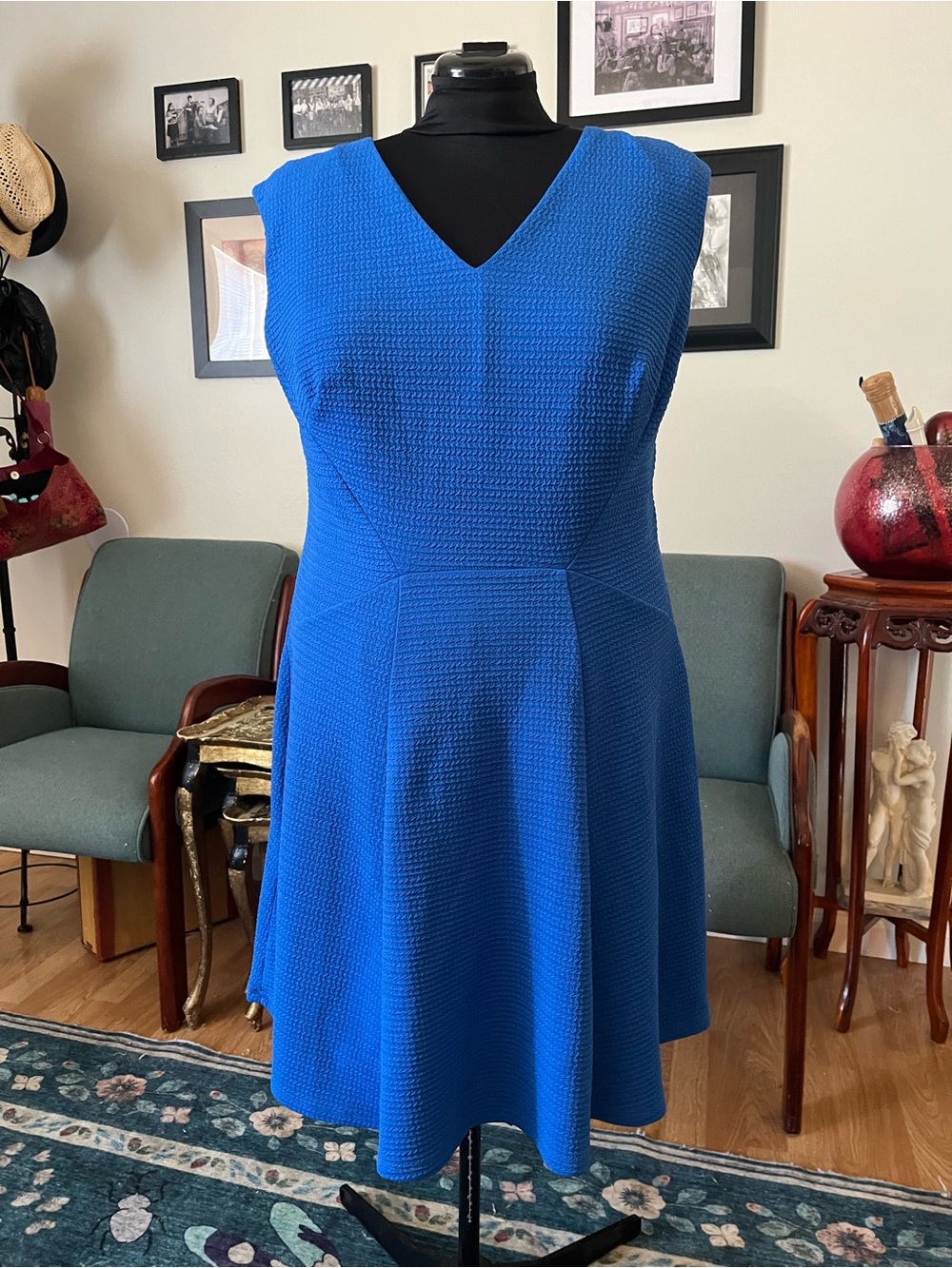 London Times Cobalt Blue V-Neck Fit-and-Flare Dress